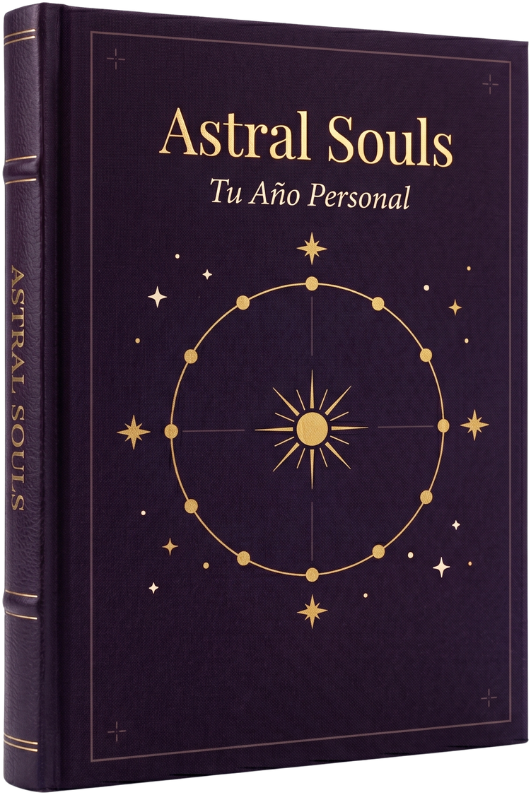 Libro Tu Año Personal de Astral Souls — tapa dura color morado místico con rueda de 12 estrellas en oro y sol central, subtítulo "Tu Año Personal"