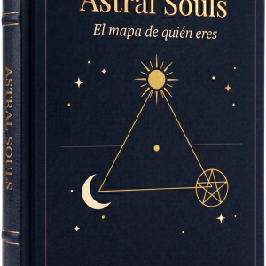 Libro Carta Natal de Astral Souls — tapa dura azul noche con composición triangular en oro (sol, luna y estrella) y subtítulo "El mapa de quién eres"