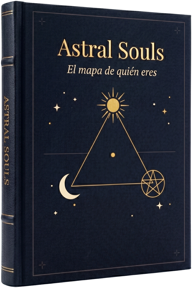 Libro Carta Natal de Astral Souls — tapa dura azul noche con composición triangular en oro (sol, luna y estrella) y subtítulo "El mapa de quién eres"