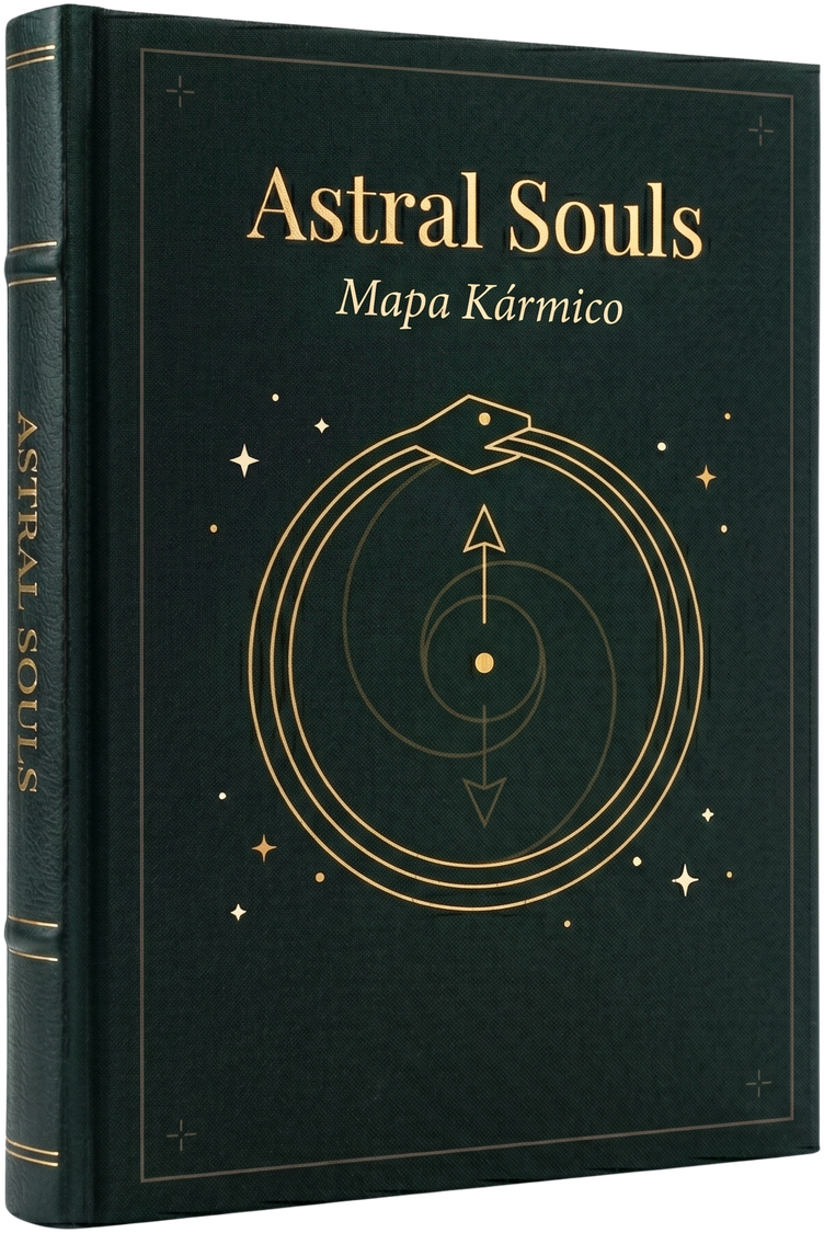 Libro Mapa Kármico de Astral Souls — tapa dura color esmeralda oscuro con ouroboros (serpiente circular) en oro y dos flechas representando los nodos lunares, subtítulo "Mapa Kármico"