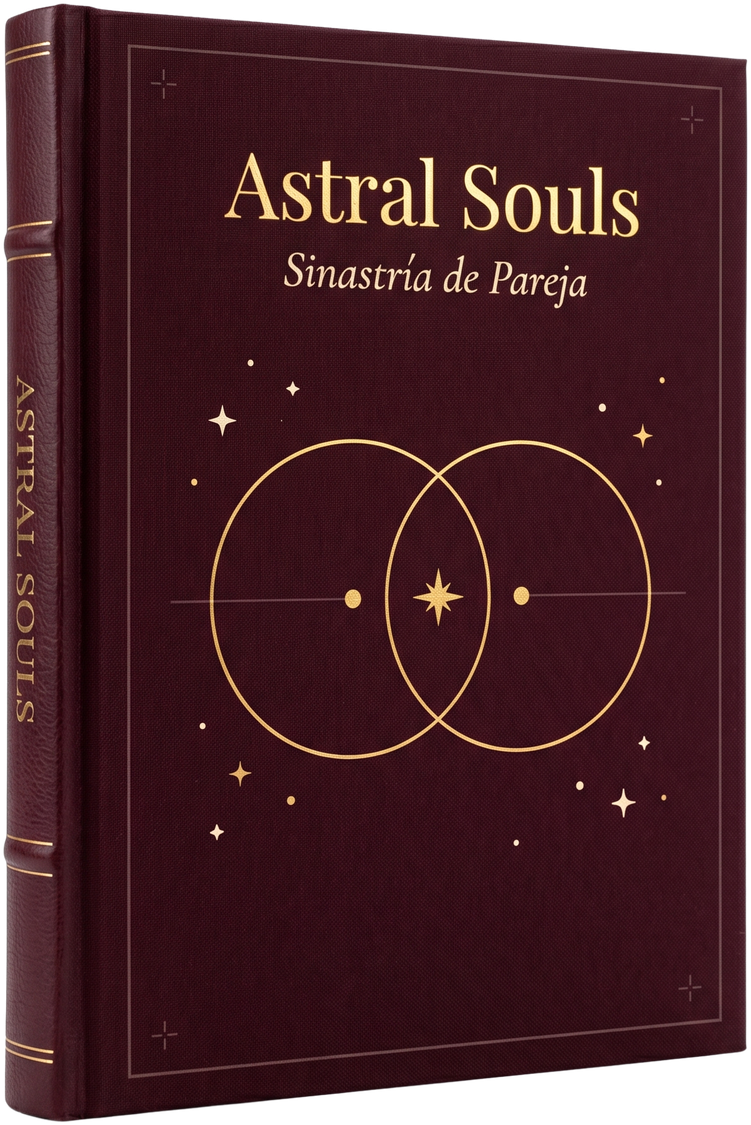 Libro Sinastría de Pareja de Astral Souls — tapa dura color borgoña con dos círculos entrelazados (vesica piscis) en oro y estrella de cuatro puntas central, subtítulo "Sinastría de Pareja"