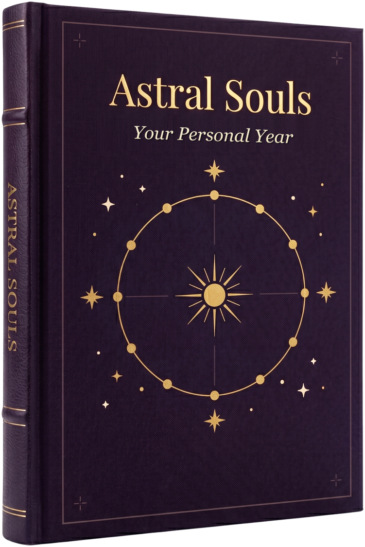 Hardcover Your Personal Year book by Astral Souls, in plum leather with a gold frame and solar emblem.