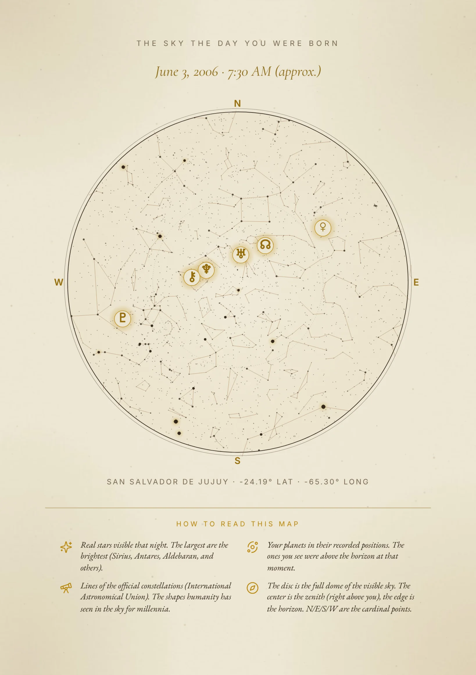 Your natal sky — The stars at the exact moment you were born.