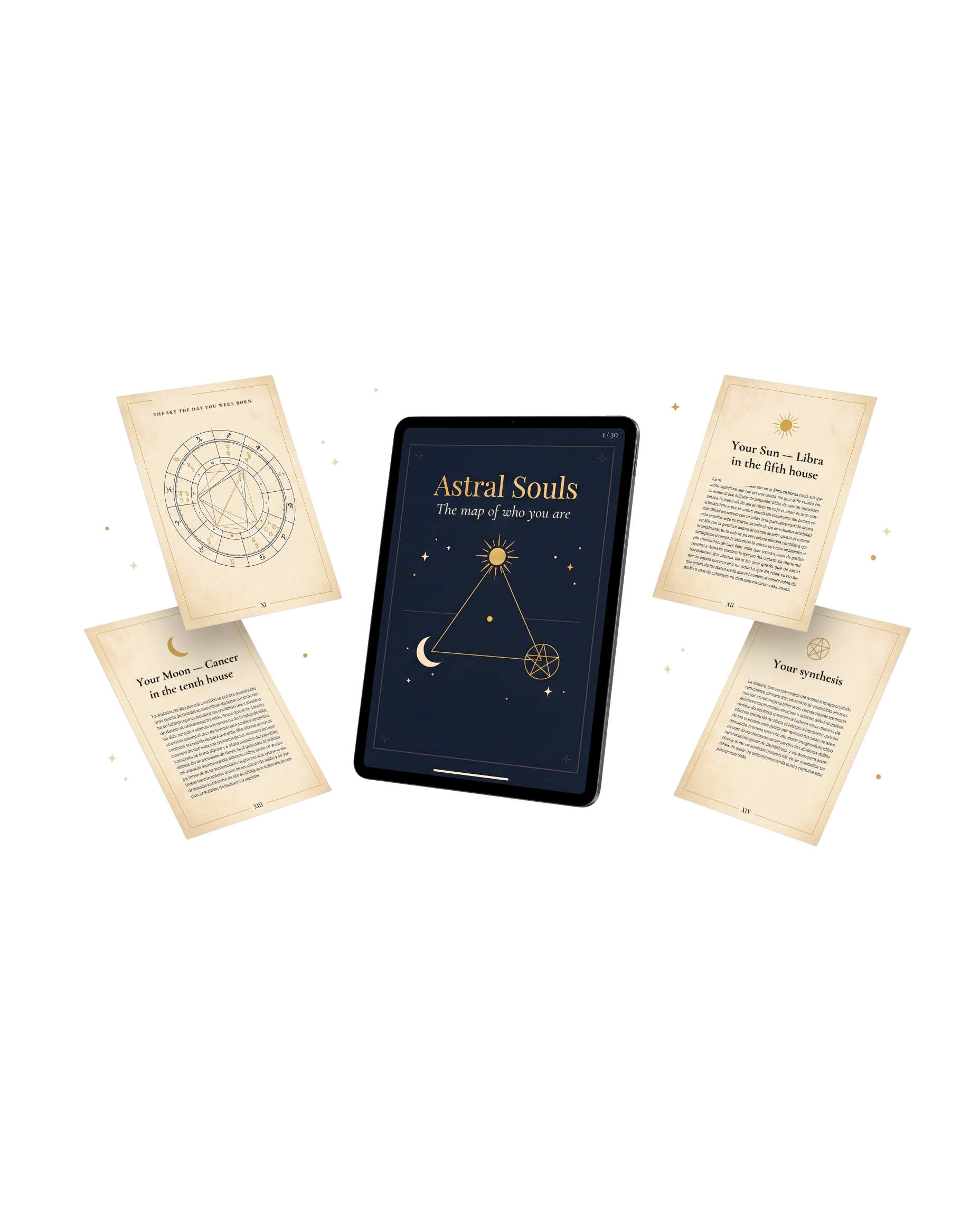Birth Chart book on a tablet with floating pages