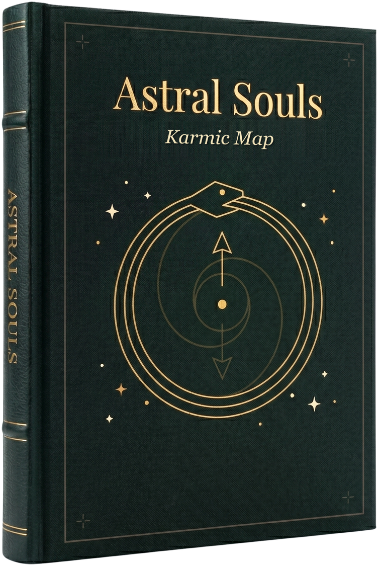 Hardcover Karmic Map book by Astral Souls, in deep green leather with a gold frame and ouroboros emblem.