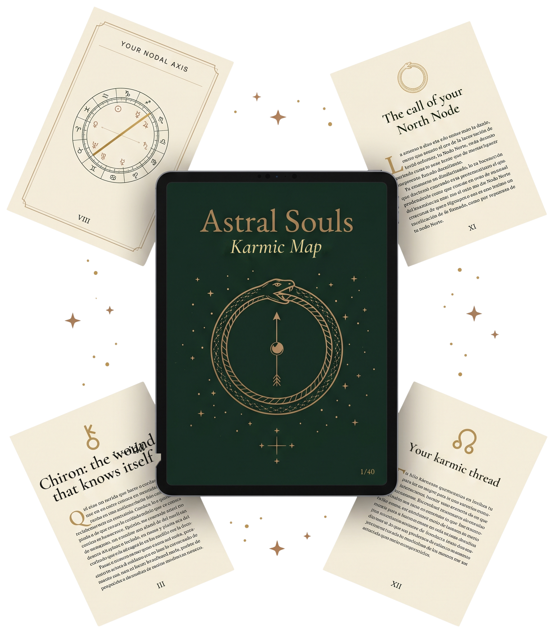 Karmic Map book on a tablet with floating pages