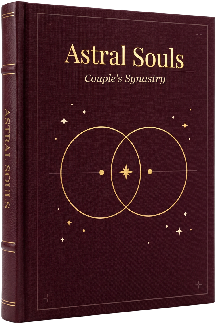 Hardcover Couple's Synastry book by Astral Souls, in burgundy leather with a gold frame and two interlocking rings.