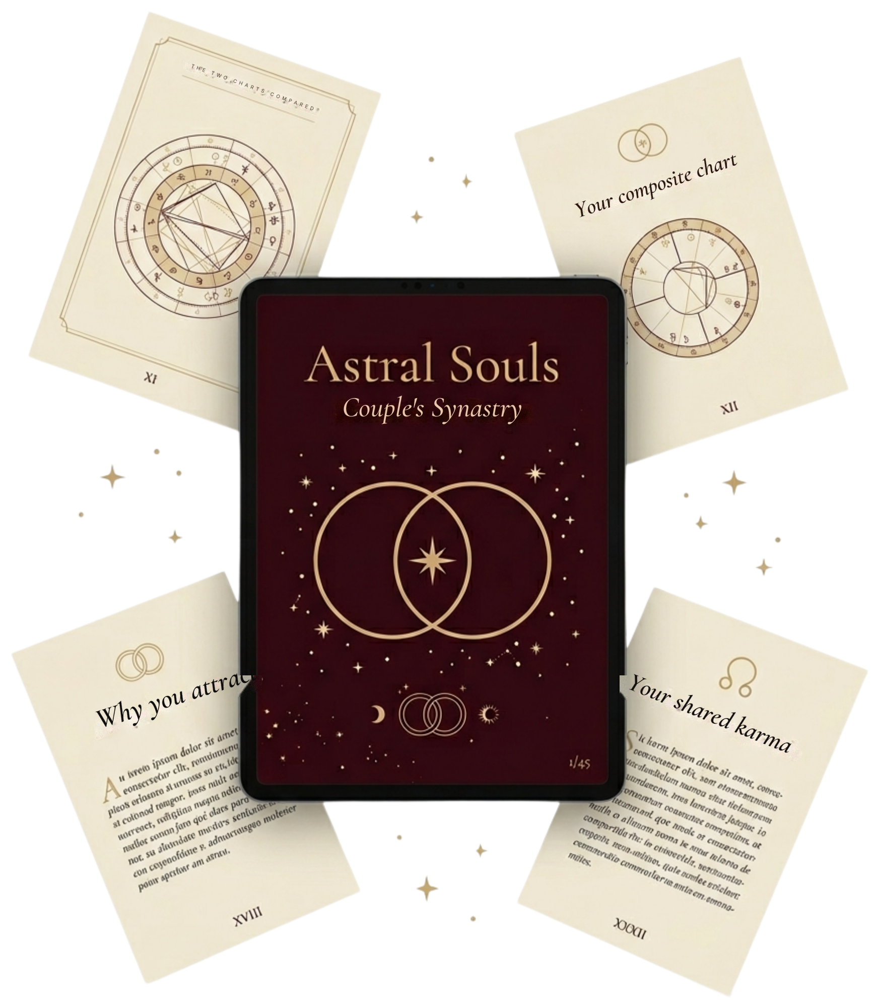 Couple's Synastry book on a tablet with floating pages